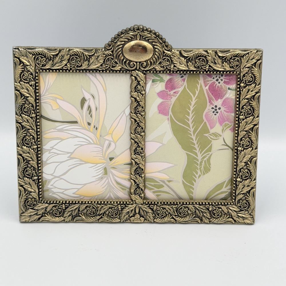 VTG Gold Tone Ornate Double‎ Picture Frame Floral Baroque Hollywood Regency